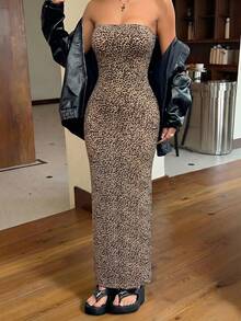 SHEIN EZwear Leopard Print Knit Slit Bandeau Dress For Women Strapless Long Dress Sexy Long Dress Leopard Dress High Slit Dress Animal Print Dress Strapless Dress Long Sexy Dress Leopard Long Dress Womans Dress Women Clothes Dress Wow Dress Nice Dress - Multicolor - View 4