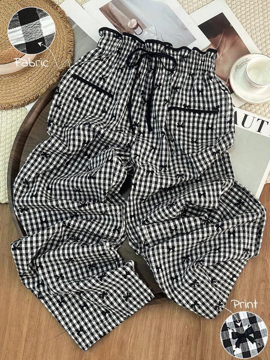 GlowEve 女士黑白格子蝴蝶结印花阔腿裤，休闲日常校园风，甜美可爱，适合度假、海滩、街头、通勤、性感浪漫、商务、约会、假日等场合。 - 彩色 - 查看 1