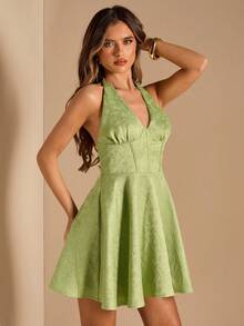 SHEIN BAE Elegant Green Floral Jacquard Halter Neck A-Line Mini Dress For Women,Summer Date,Bridesmaid,Birthday Party,Back To School And Graduation Dress - Green - View 5