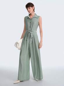Aalyst Fashionable Mint Green Lapel Sleeveless Loose Jumpsuit With Wooden Buttons, Suitable For Daily Wear, Weddings, Galas, Commuting, Graduation Parties, Holidays, Vacations, Dates, Parties, Halloween, Christmas, New Year, Thanksgiving, Weddings - Mint Green - View 4