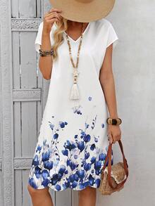 EMERY ROSE Đầm ngắn tay cổ chữ V in hoa dành cho nữ, kiểu dáng thường ngày. - Nhiều màu - Xem 6