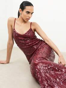 KSTM Burgundy Sequin Cami Strap V Neck Maxi Dress Evening Formal Party Holiday Sparkle Gown - Burgundy - View 1