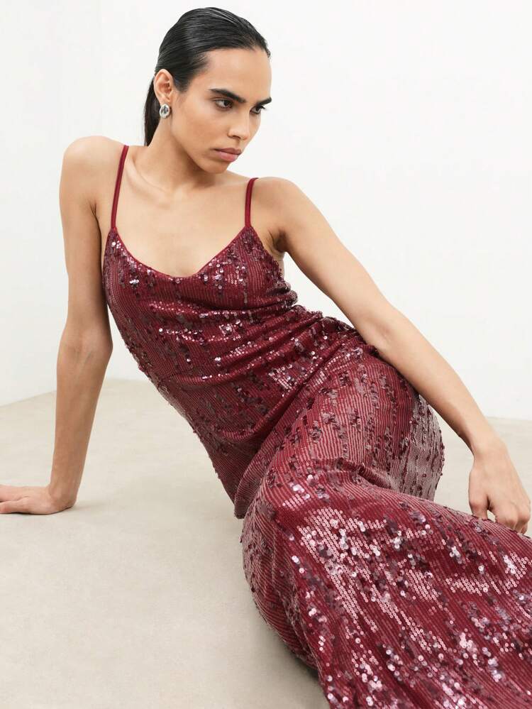 KSTM Burgundy Sequin Cami Strap V Neck Maxi Dress Evening Formal Party Holiday Sparkle Gown