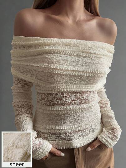 Livesso بلوزة نسائية مفرغة من الدانتيل، بتصميم كتف مكشوف، أنيقة للعطلات والشارع، قميص كروشيه للشاطئ، بأكمام طويلة، مناسبة للخريف والربيع والصيف رمضان