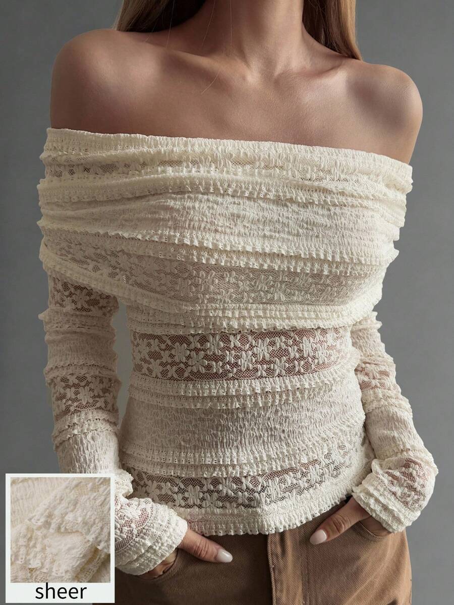 Livesso 女士镂空蕾丝衬衫，露肩休闲度假街头风钩针沙滩衬衫，长袖T恤，适合秋季、春季、夏季穿着 - 米色 - 查看 1