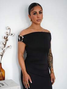 SAYEHFBABY 女士优雅褶饰露肩金属装饰修身派对连衣裙 - 黑色 - 查看 6