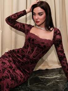 Bris Aura 女士新款秋冬长裙，方领长袖修身连衣裙，酒红色植绒连衣裙，优雅性感派对连衣裙，下午茶连衣裙，约会连衣裙 - 酒紅色 - 查看 3