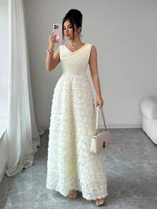 Elenzga Đầm lưới hoa 3D trễ vai, xếp ly eo dành cho nữ - Màu be - Xem 1