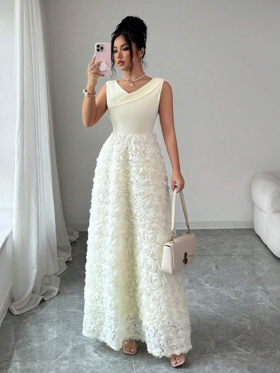 Elenzga Đầm lưới hoa 3D trễ vai, xếp ly eo dành cho nữ - Màu be - Xem 1