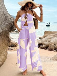 Breezaya Tropical Plant Print Halter Crop Top + Elastic Waist Straight Leg Pants 2 Pieces Set, Spring/Summer - Purple - View 6