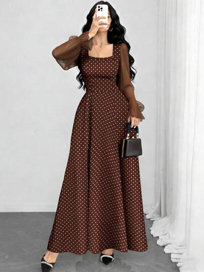 Modelyn Vestido largo minimalista de mujer con diseño de manga farol, cuello cuadrado y estampado de lunares negros. Vestido elegante de cintura ceñida y largo maxi, adecuado para vacaciones de verano y uso diario.