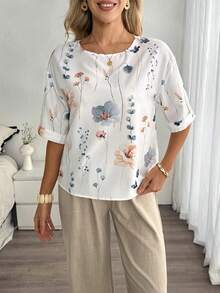 Louniche Standard Size Women's Round Neck Vacation Floral Print Casual Shirt - White - View 5