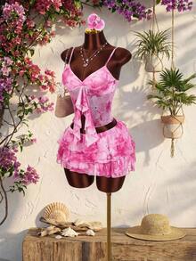 Amplova 女士两件套印花套装 - 粉色印花荷叶边V领吊带背心和荷叶边半裙，度假/休闲女士两件套夏季服装，度假套装，女士两件套，女士夏季两件套，粉色度假套装 - 淺粉色 - 查看 4