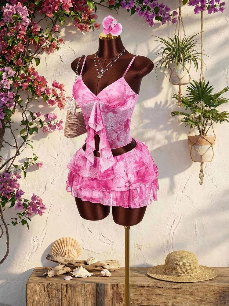 Amplova Dames tweedelige set met bloemenprint - Roze camisole top met bloemenprint en ruches aan de zoom, V-hals en rok met ruches aan de zoom, vakantie/casual zomeroutfit, vakantieoutfit voor dames, tweedelige zomerset voor dames, roze vakantieoutfit, roze tweedelige set - Baby roos - Bekijken 4