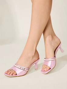 CUCCOO CHICEST Pink Satin Buckle-Trimmed High-Heeled Sandals Square Toe Contrasting Color Thin-Heeled Party Sandals Wedding Shoes Spring Shoes Bride Shoes - Pink - View 4