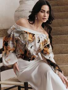 Anewsta 女士优雅高端法式独特钥匙孔领收腰露肩印花长袖衬衫，适合派对、度假、夏季穿着 - 黃色 - 查看 1