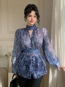 DAZY Women's Elegant Floral Print Stand Collar Belted Shirt, Spring - Blue - View 9