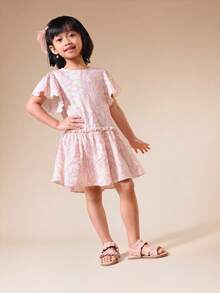 SUMWON Girls Flutter Sleeve Dress With Ruffle Hem Drop Waist AOP Abstract Pattern Mini Length - Multicolor - View 5