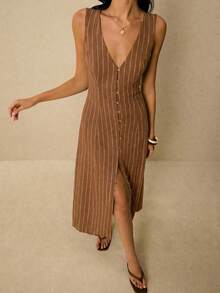 Poéselle Women's Casual Commuter Striped Front Button Sleeveless Dress, Summer - Brown - View 7