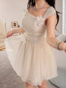 Feyla New Apricot Patchwork Floral Decor Waist Puff Mini Dress, Elegant French Design - Apricot - View 2