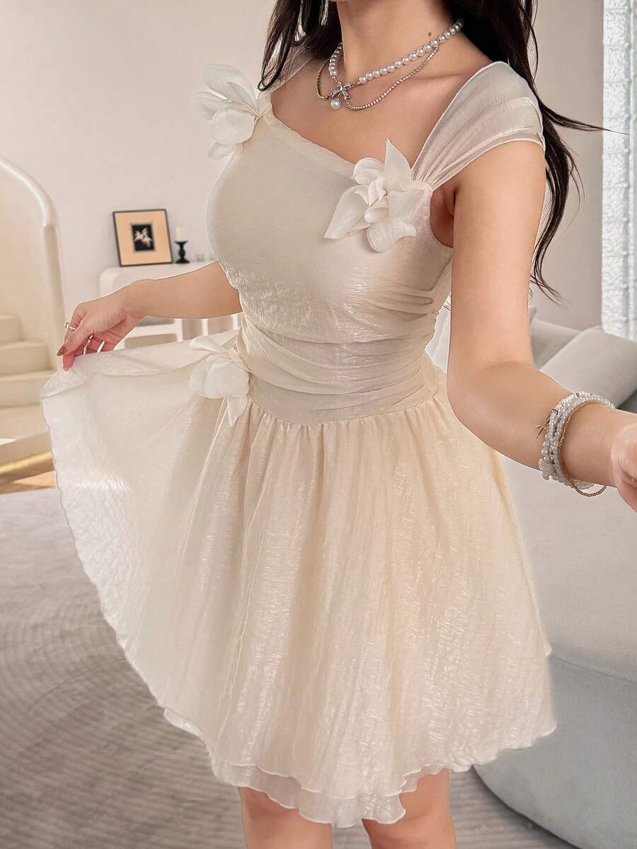 Feyla New Apricot Patchwork Floral Decor Waist Puff Mini Dress, Elegant French Design