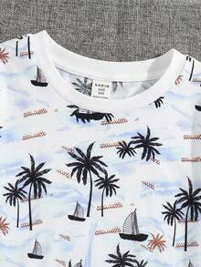 SHEIN 2件組大童男孩休閒條紋圓領T恤與短褲套裝，適合上學、通勤、日常休閒穿著、運動，春夏男童2件套夏季海灘穿搭，大童男孩服裝套裝，男孩夏季套裝，男孩穿搭套裝 - 彩色 - 查看 5