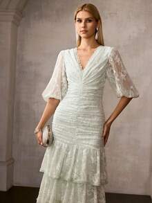 MOTF Soiréza WOMEN'S LACE OVERLAY PUFF SLEEVE LAYERED RUFFLE HEM CAKE COCKTAIL DRESS, ROMANTIC PARTY, SPRING/SUMMER - Green - View 5