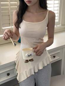 DAZY Asymmetrical Ruffle Hem Camisole Women Sleepwear Top - Beige - View 6