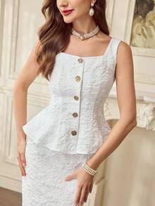 Vintamour 复古经典优雅女士两件套，春夏提花织物两件套，方领金属纽扣，白色两件套 - 白色 - 查看 1