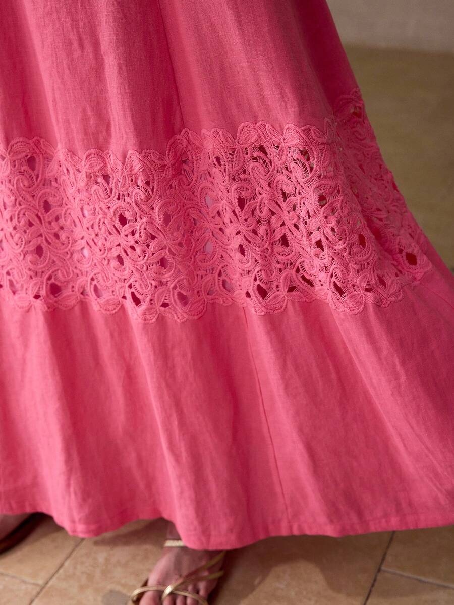 MOTF PREMIUM WOMEN'S 100% LINEN LACE PATCHWORK LONG DRESS, CASUAL & DATE WEAR, SPRING/SUMMER - Hot Pink - View 2