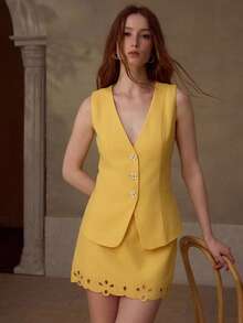 MOTF PREMIUM WOMEN'S LINEN BLEND EMBROIDERED CASUAL/DATE SHORT SKIRT, SPRING/SUMMER - Yellow - View 1