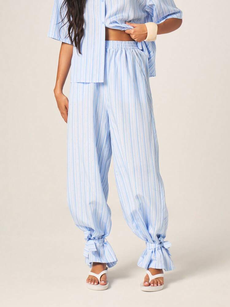 MISSGUIDED Pantalones palazzo de pierna ancha a rayas para mujer con detalle de tobillo con cordón, cintura elástica, pantalones informales de verano ligeros para estar en casa