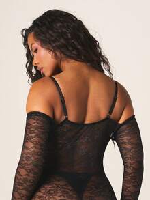 MISSGUIDED 性感黑色蕾丝露肩内衣套装，镂空设计，长袖款式，适合私密场合 - 黑色 - 查看 2