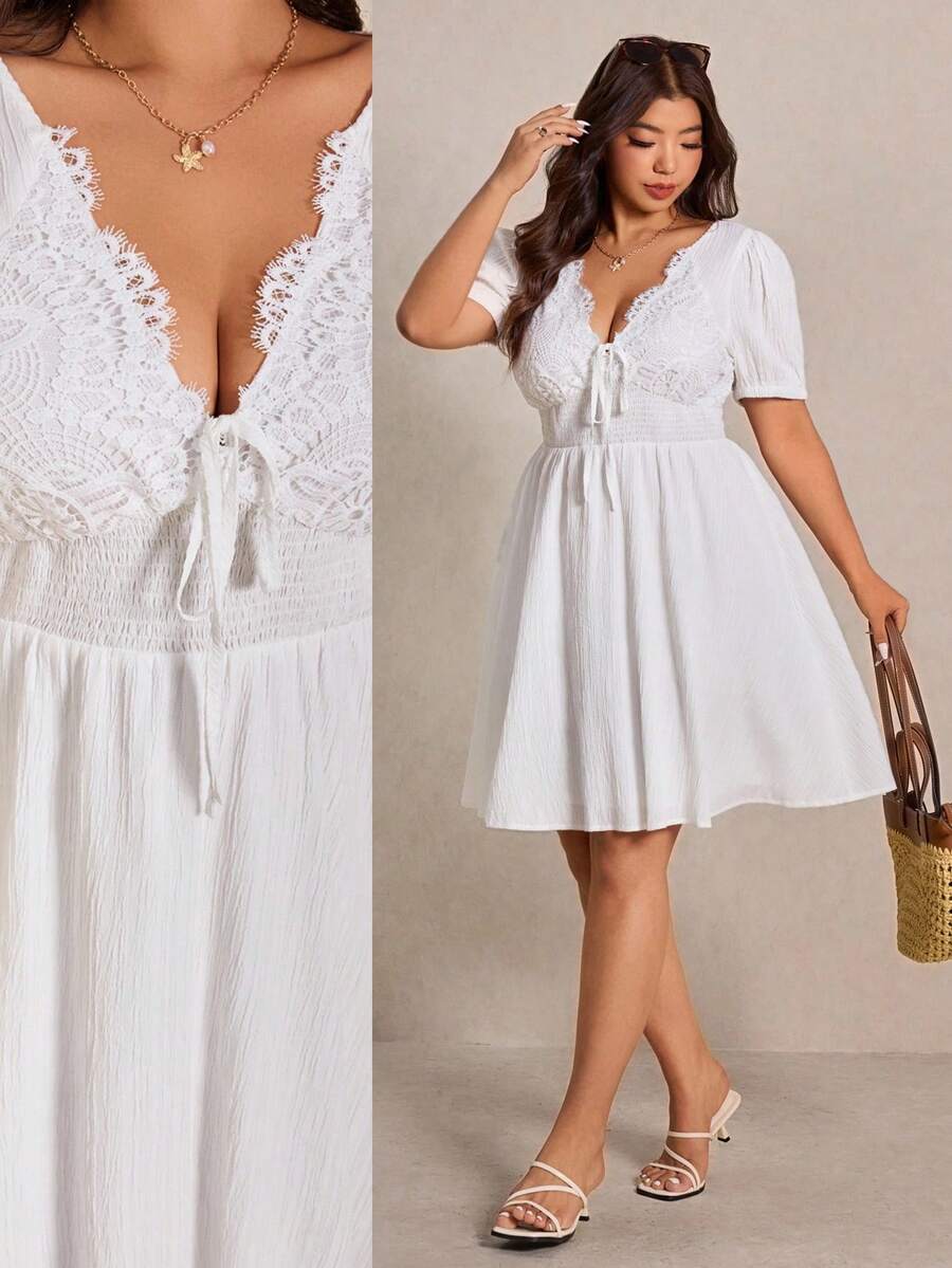 Elaquor Plus Size Women Contrast Lace Front Tie Short Puff Sleeve Fashionable Dress White Summer Dress Casual White Dress White Button Up Dress Spring Casual Vacation Outfit Women Spring Dress For Women Babydoll Dress Mini Dress, Summer Dresses - White - View 1
