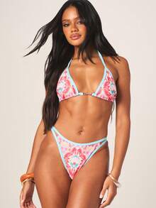 MISSGUIDED Triangle Print Bikini Set With Halter Top And Cheeky Bottom Beach Swimwear Summer Vacation Resort Pool Party Two Piece - Multicolor - View 5
