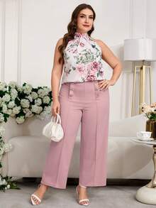 Ellevyn Bộ đồ đôi cỡ lớn màu vàng ánh kim gồm áo hai dây buộc cổ và quần dài có khóa kim loại, thích hợp cho tiệc tùng. - Nhiều màu - Xem 4