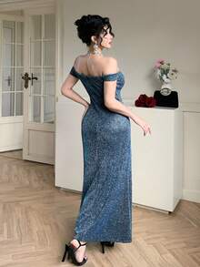 DAZY 女士优雅露肩褶裥鱼尾中长连衣裙，亮面面料，夏季婚礼宾客礼服 - 藍色 - 查看 2