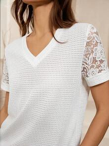 Lymera Spring/Summer Fashion Elegant Commuting Versatile White Knit Textured V-Neck Short Sleeve Lace Splice T-Shirt - White - View 6
