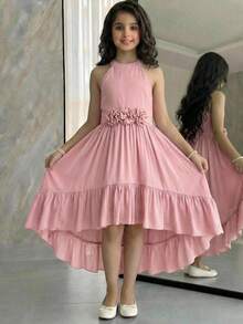 SHEIN Tween Girl Elegant Floral Decor Chiffon Snug Fit Dress, Spring/Summer Elegant  Wedding Outfits Dusty Pink Dress Tween Dress Easter Dress High Low Dress Flowy Dress - Pink - View 6