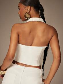 Denimoi 露脐牛仔短款上衣，配搭扣和撞色缝线，性感上衣，度假上衣，伊比沙岛 GNO - 白色 - 查看 5