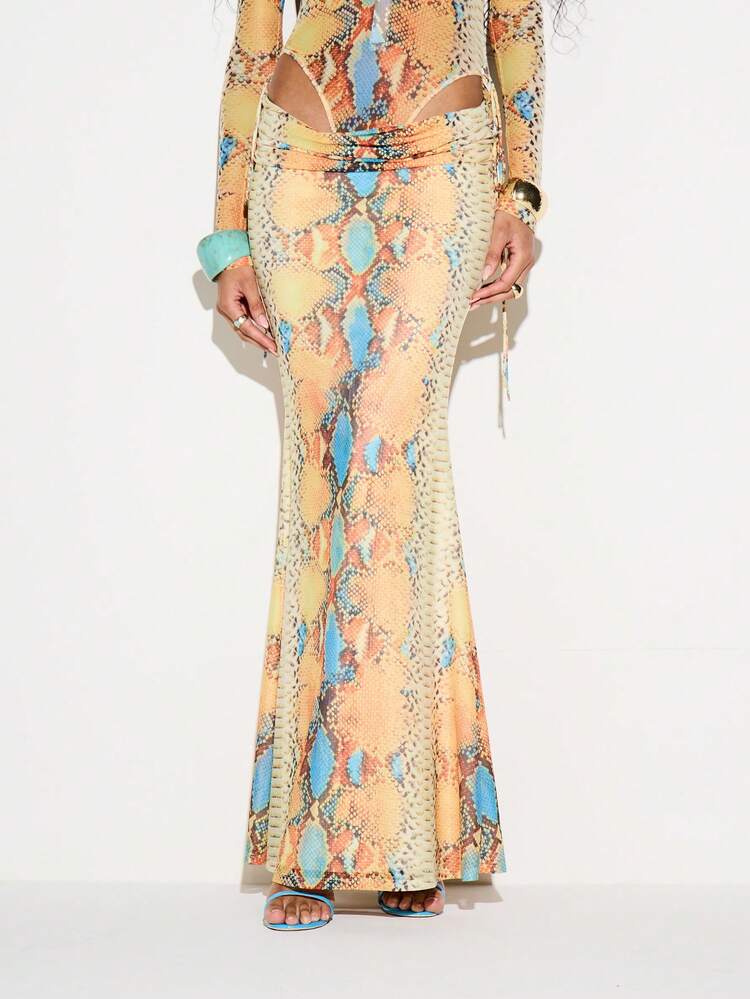 KIZN Snake Print Mesh Maxi Skirt With Ties