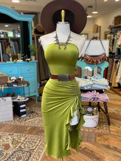 INAWLY Women's Vacation Casual Solid Color High Slit Strapless Dress