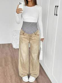 SHEIN Jeans rectos y holgados con soporte de punto para el vientre de maternidad - Caqui - Ver 6