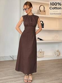MSSiren Gaze Vestido sin mangas elegante marrón para mujer con cuello alto simulado y diseño de cintura plisada con espalda descubierta para eventos d - Marrón Chocolate - Ver 6