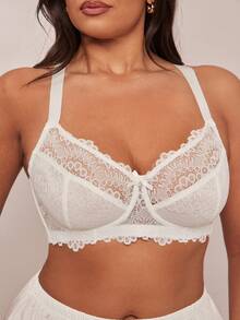 SHEIN BAE 1pc Plus Size Lace Patchwork Underwire Lingerie Bra - White - View 1