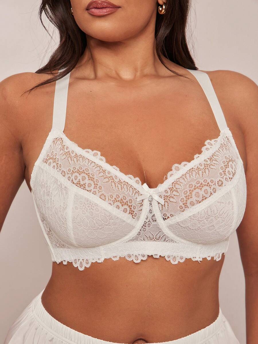 SHEIN BAE 1pc Plus Size Lace Patchwork Underwire Lingerie Bra - White - View 1