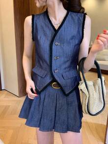 DAZY Bộ đồ thời trang nữ gồm áo vest và chân váy denim không tay, thêu tua rua, nhuộm tie-dye, có tua rua. - Màu xanh lam - Xem 7