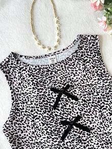 少女休闲度假豹纹圆领撞色蝴蝶结装饰下摆开衩吊带背心 - 淺粉色 - 查看 3