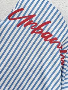 SHEIN Summer Outfits  Maternity Casual Striped Letter Print T-Shirt And Skirt 2 Pieces Set, Summer - Blue - View 7