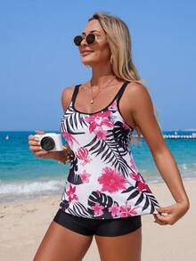 Swim Lushoire Spring/Summer New Leaf Print Round Neck Tankini Swimwear Set With Skirt Bottom, Mature & Conservative - Multicolor - View 4